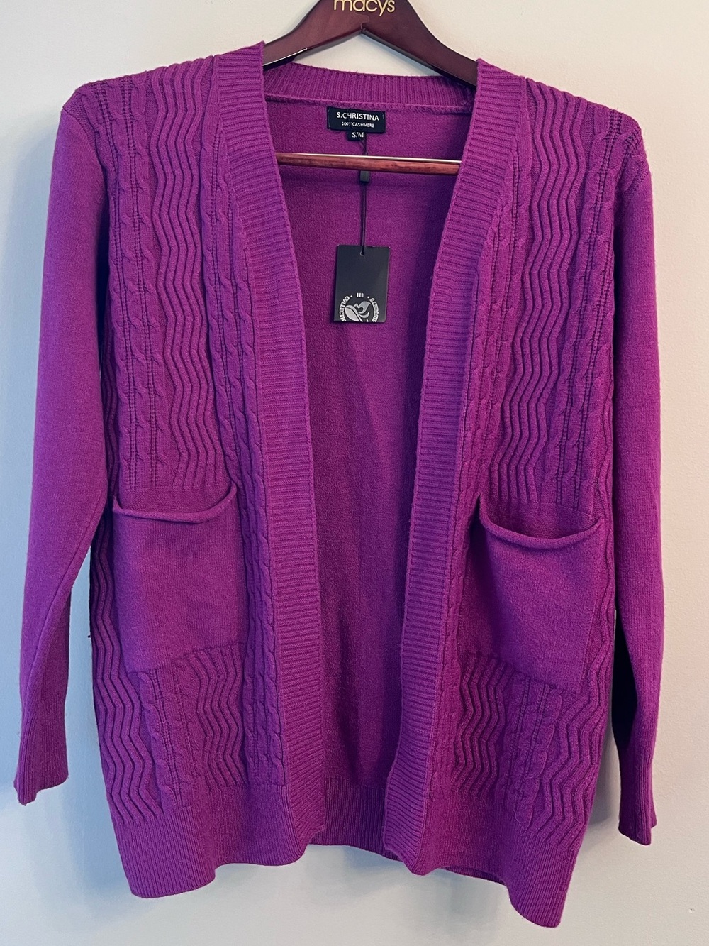 NWT S. Christina 100% Cashmere Magenta Open-Front Cable Knit Cardigan